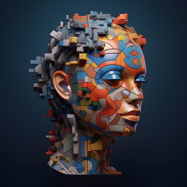 Une tête colorée avec des pièces de puzzle dessus.