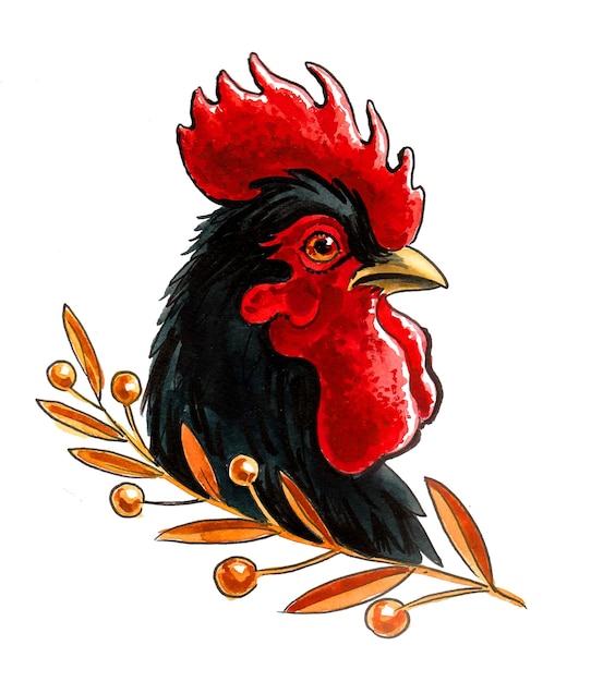 Tête de coq Dessin à l'encre et à l'aquarelle