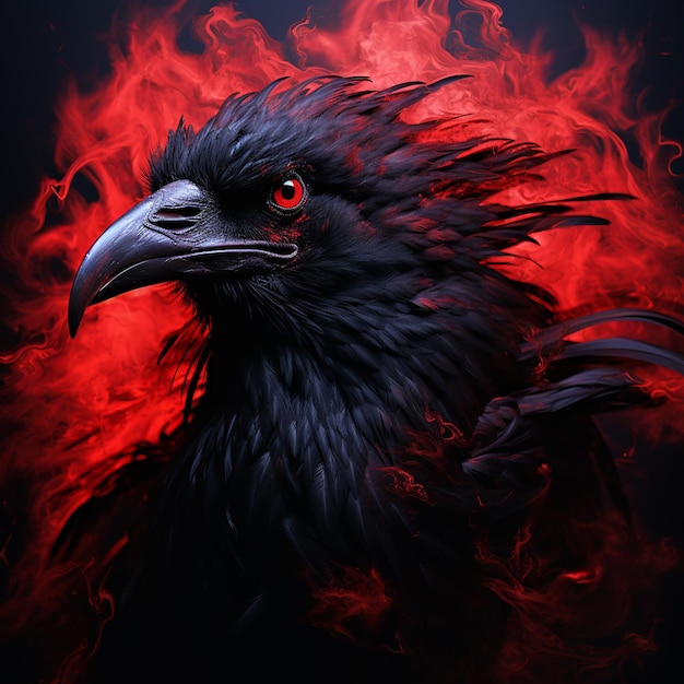 Tête de corbeau noir effrayant avec un grand bec prédateur sur fond de cauchemar d'horreur de flammes rouges