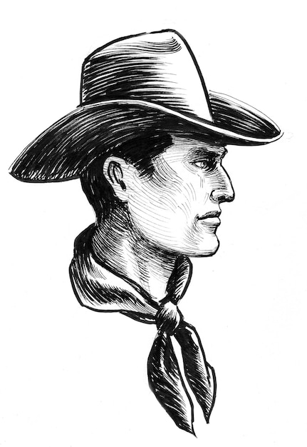 Tête de cow-boy Dessin noir et blanc à l'encre