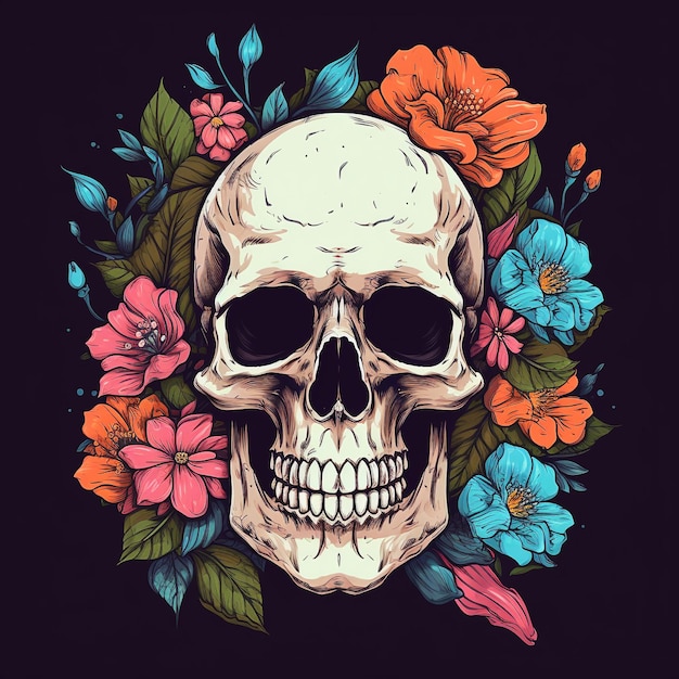 Tête de crâne avec des fleurs sur fond sombre