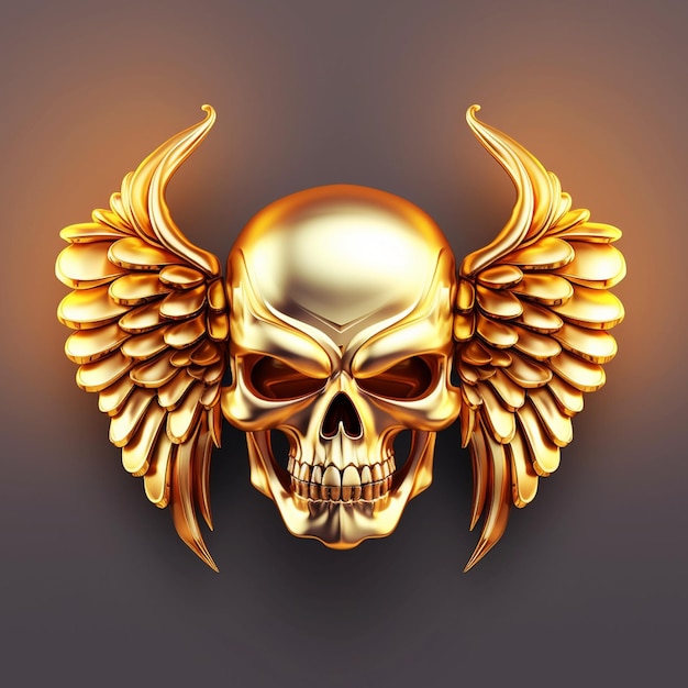 Tête de crâne en métal doré avec des ailes d'oiseau Illustration de symbole de tatouage Halloween