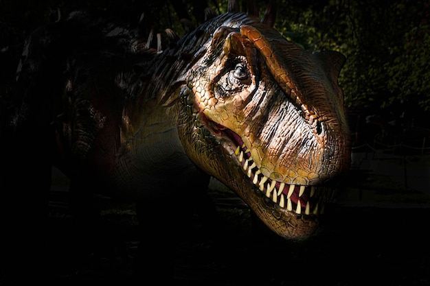 La tête de dinosaure sur fond sombre. Photo de haute qualité