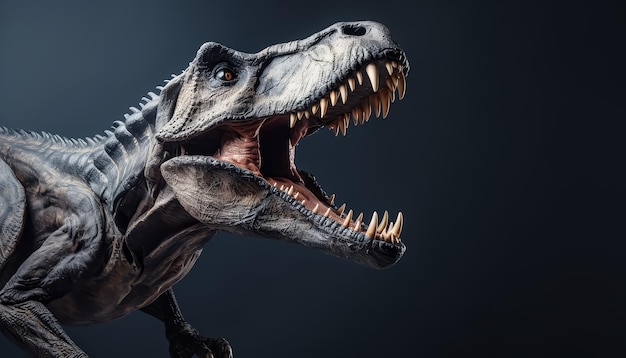 La tête d'un dinosaure souriant furieusement sur un fond noir.