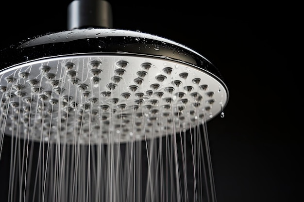 Tête de douche argentée avec dépôt d'eau dure en gros plan isolée contre un fond gris clair
