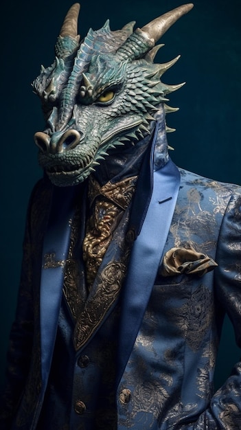 tête de dragon arafed dans un costume bleu avec une cravate bleue ai générative