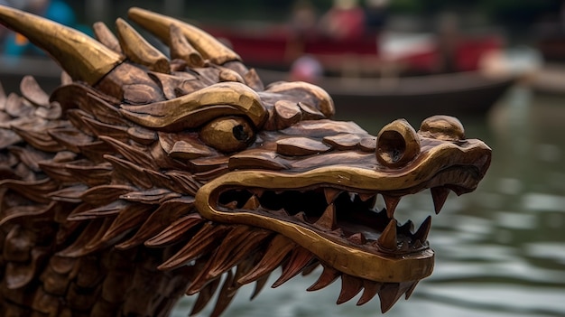 Photo une tête de dragon en bois de bateau dragon