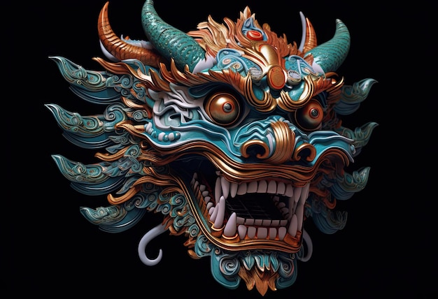 une tête de dragon chinois élaborée devant un fond sombre