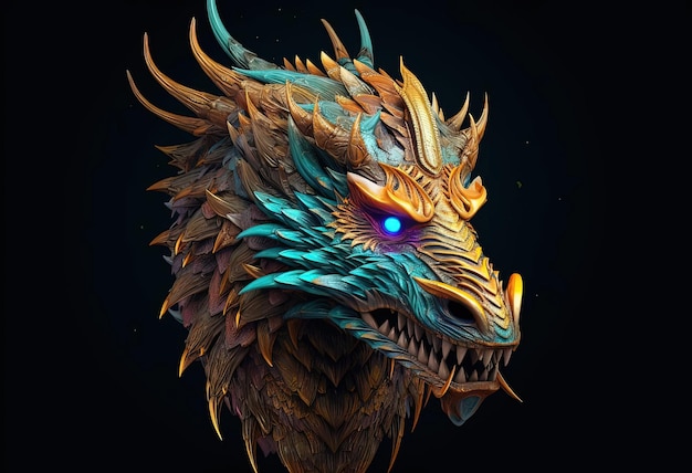 une tête de dragon colorée se tient dans une pièce sombre dans le style du portrait traditionnel