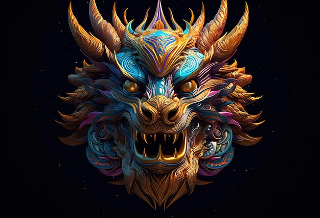 une tête de dragon colorée se tient dans une pièce sombre dans le style du portrait traditionnel