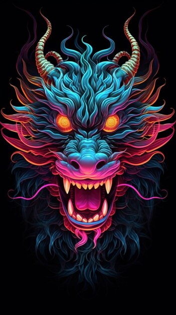 Une tête de dragon colorée avec des yeux brillants et des cornes génératives ai