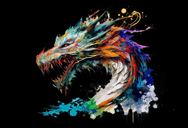 Photo tête de dragon dessinée sur profil de papier noir multicolore