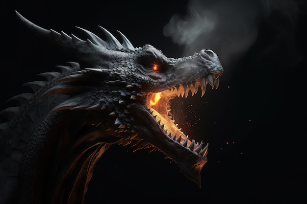 La tête de dragon ouvrit la bouche sur le point de cracher du feu Créatures mythiques Illustration Generative AI