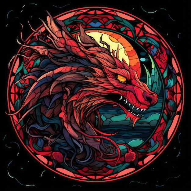 une tête de dragon rouge dans un vitrail