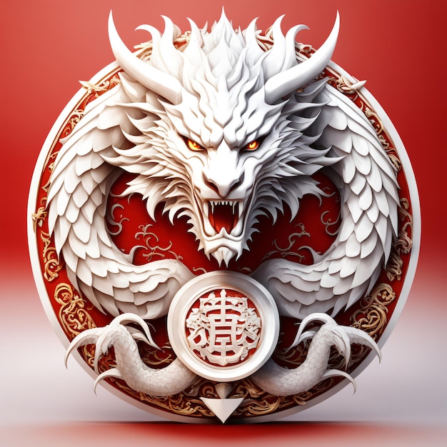 Tête de dragon avec sceau chinois sur fond rouge illustration 3D