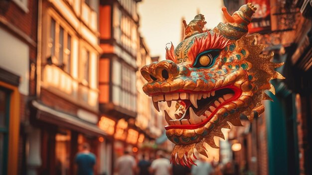 une tête de dragon suspendue au côté d'un bâtiment