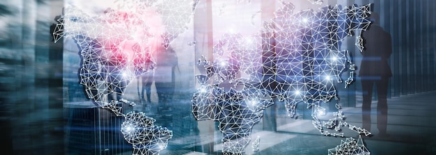 En-tête du site Web Global World Map Double Exposure Network Telecommunication International business Internet and technology concept