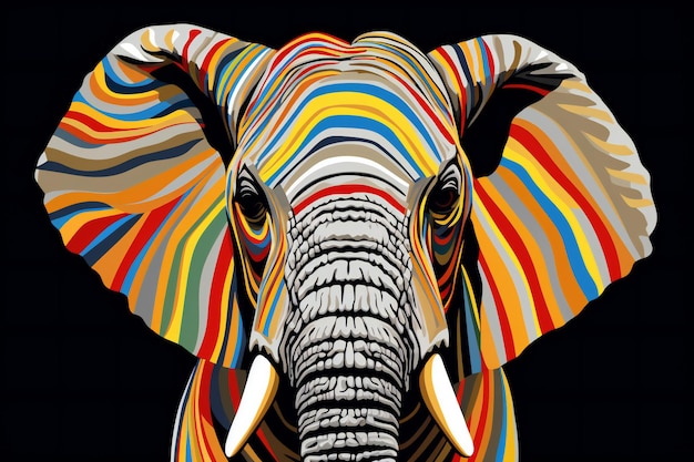 Photo tête d'éléphant avec des rayures colorées sur fond noir