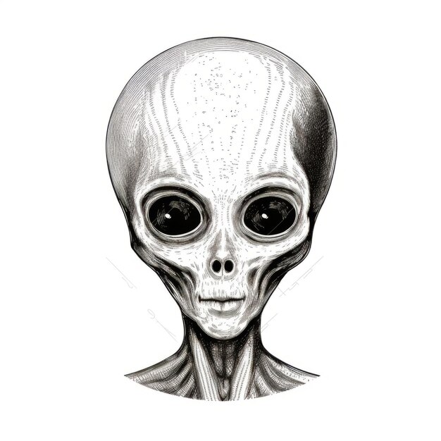 Une tête d'extraterrestre noire et blanche inspirée de Dave Coverly et Alex Gross