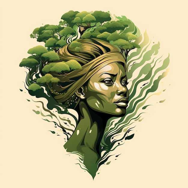 Tête de femme africaine dans les feuilles des arbres