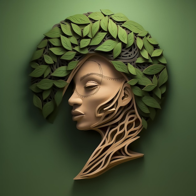 Tête de femme africaine dans les feuilles des arbres