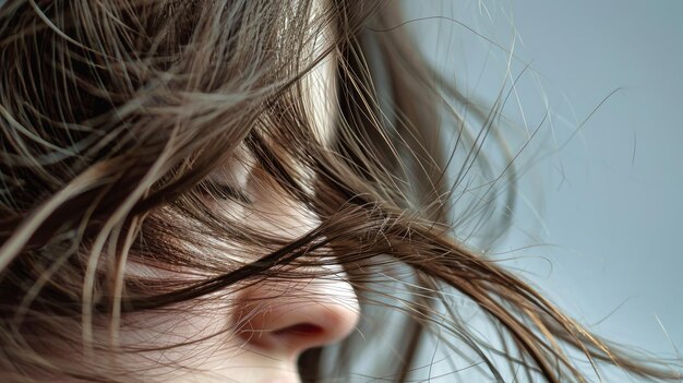 Une tête de femme aux cheveux longs soufflant dans le vent montrant le soin et le style des cheveux