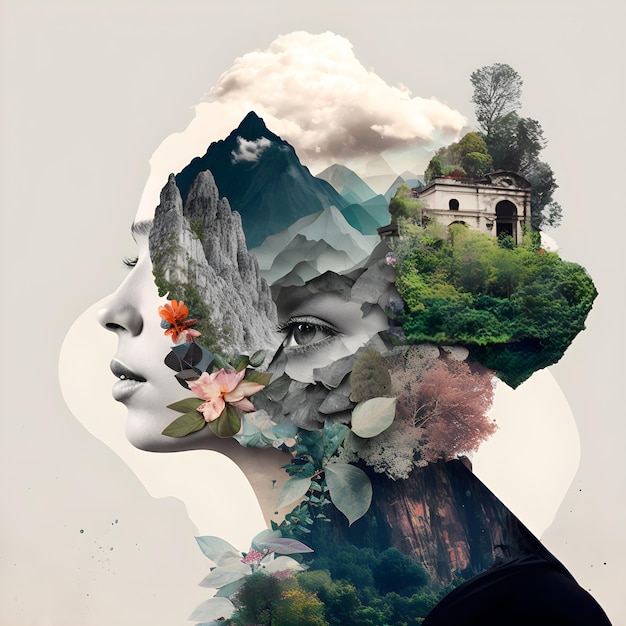 Une tête de femme avec un collage d'images et le mot " guana " dessus.