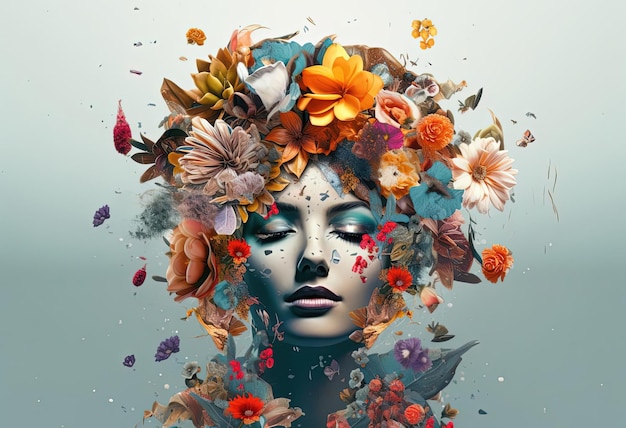 la tête de la femme est couverte de fleurs dans le style des formes inspirées de la nature