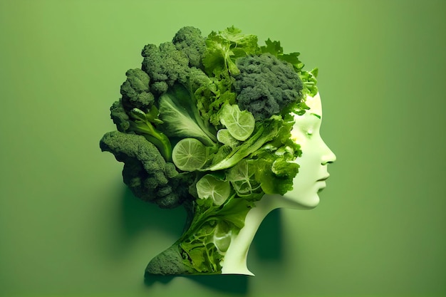 Tête de femme avec des légumes verts au lieu d'une illustration de cheveux IA générative