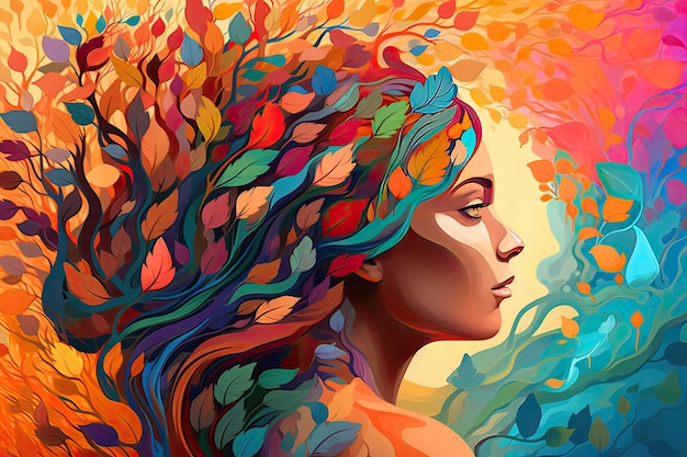 Tête de femme vibrante avec des feuilles d'arbres multicolores art numérique surréaliste imagerie organique animée IA générative