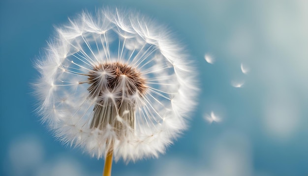 tête de fleur de pissenlit blanche et moelleuse avec de petites graines légères sur un fond bleu