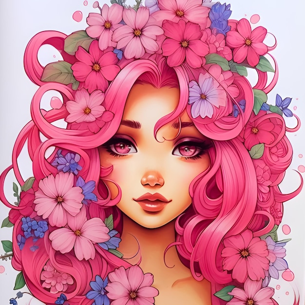 Tête de fleurs Fleurs roses sur les cheveux Dessin de visage d'anime Tête de Fleur rose