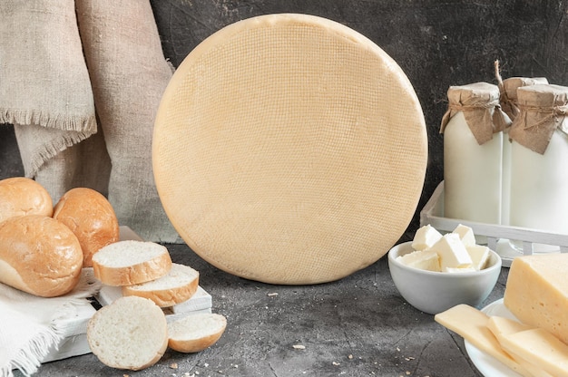 Tête de fromage ronde sans emballage. A côté du fromage se trouvent des bouteilles de lait, du pain frais, du beurre dans une tasse blanche, du fromage tranché. Place pour un logo. Fond de béton gris.