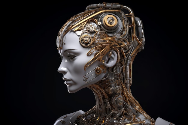 Tête futuriste de femme robot concept IA avec un circuit imprimé informatique gros plan extrême IA générative