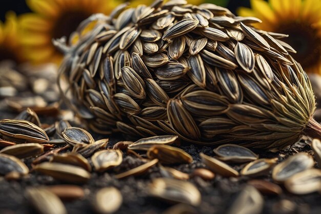 Photo tête de graine de tournesol avec pétales tombés