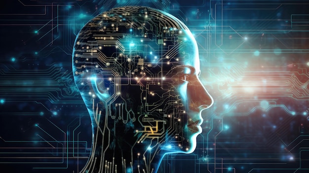 La tête de l'homme avec la carte de circuit dans la technologie de fond et la connexion humaine
