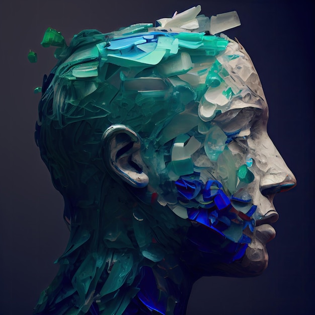 Une tête humaine faite de déchets plastiques Concept d'écologie Concept d'environnement Problème de pollution Concept De déchets plastiques Dessin de profil masculin Imitation Abstrait Illustration générative d'IA