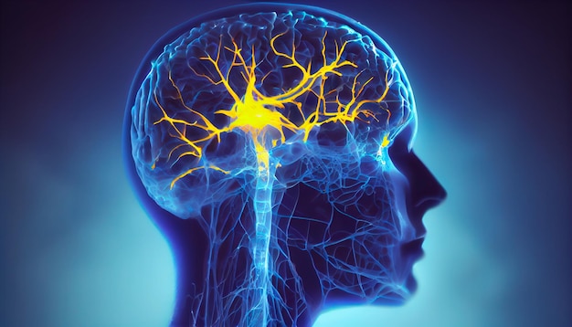 Tête humaine avec des neurones brillants dans le cerveau Concept ésotérique et de méditation Connexion avec d'autres mondes AI générative
