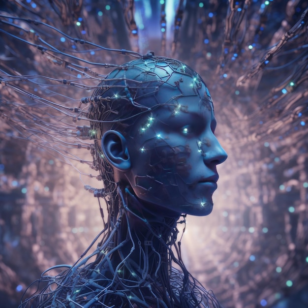 Tête humaine pour le futur ascension de la singularité technologique grâce au deep learning Generative Ai