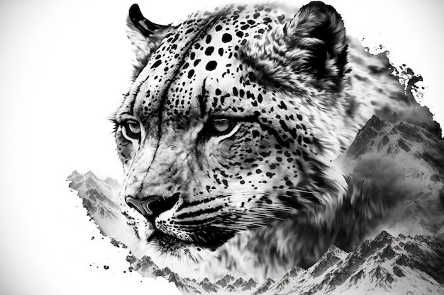 Tête Irbis du léopard des neiges avec un effet de double exposition