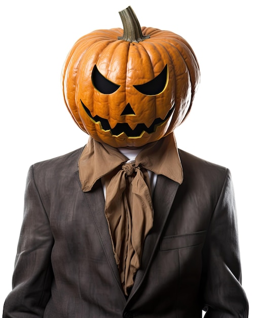 Tête de lanterne citrouille homme portant un costume pour la célébration d'Halloween isolé sur fond noir