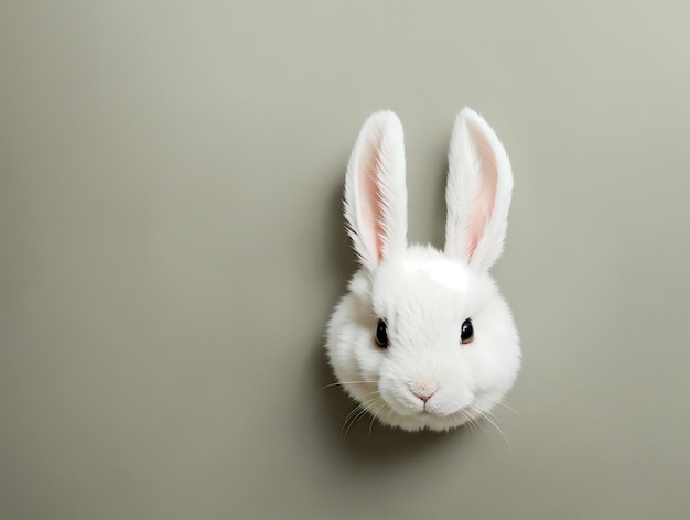 Une tête de lapin blanc est accrochée à un mur gris.