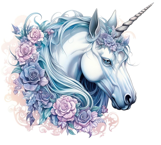 la tête d'une licorne dans de beaux tatouages dans le style du blanc foncé et de l'azur clair