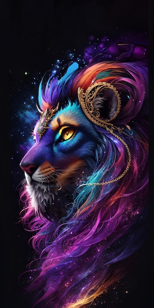 tête de lion avec des cheveux colorés et fond spatial illustration fantastique photo