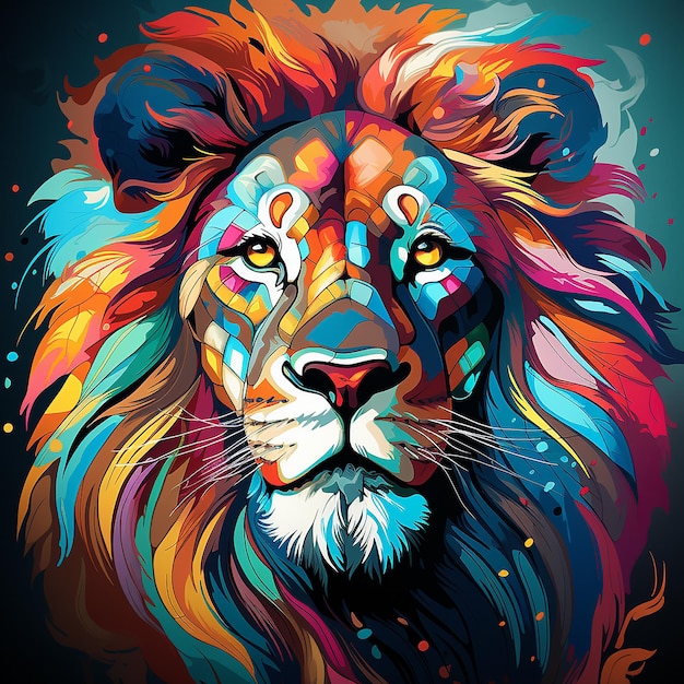 Tête de lion colorée dans le style pop art isolée avec un fond noir