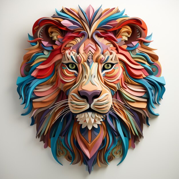 Tête de lion colorée sur fond blanc dans le style de formes colorées en couches et de pièces d'art conceptuel