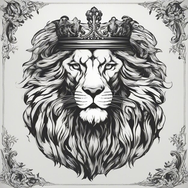 Photo tête de lion avec couronne logo élégant et noble autocollant noir et blanc sceau