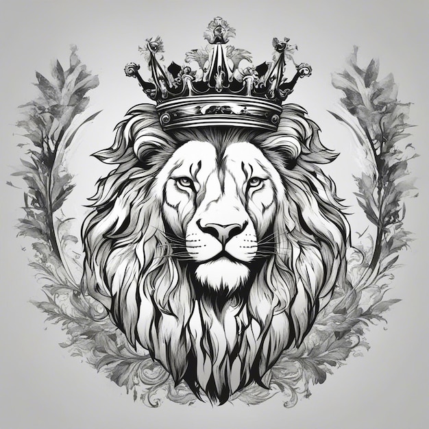 tête de lion avec couronne logo élégant et noble autocollant noir et blanc sceau