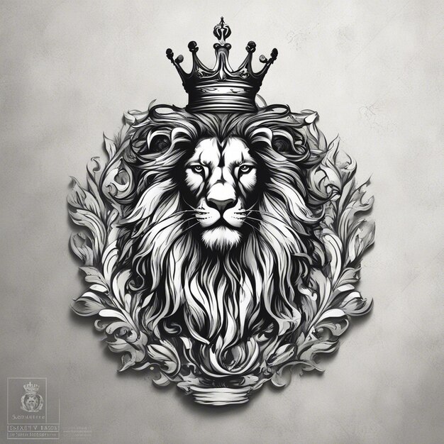 Photo tête de lion avec couronne logo élégant et noble autocollant noir et blanc sceau