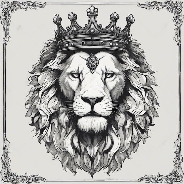 Photo tête de lion avec couronne logo élégant et noble autocollant noir et blanc sceau